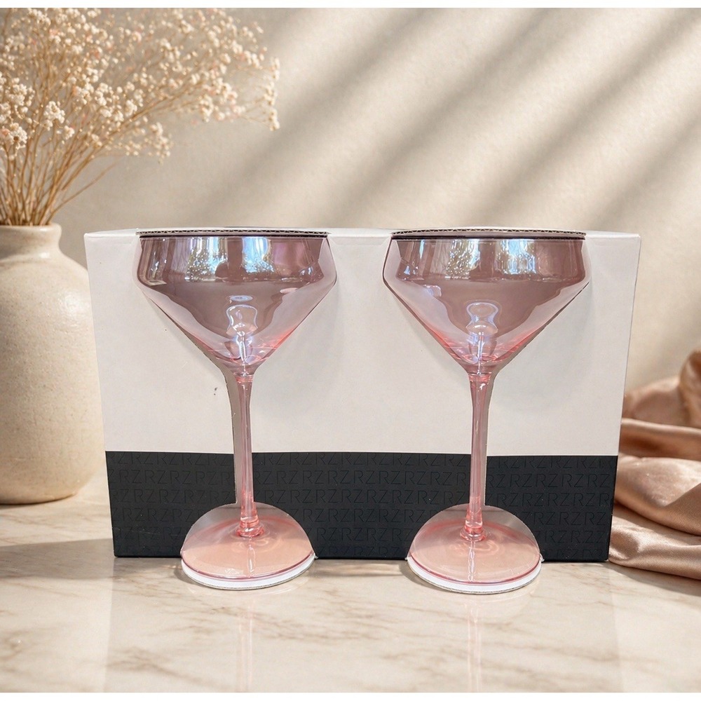 Rachel Zoe Optic Pink Prism Long Stem 11.7 Oz Wine Glasses Glass Coupes x2 NEW